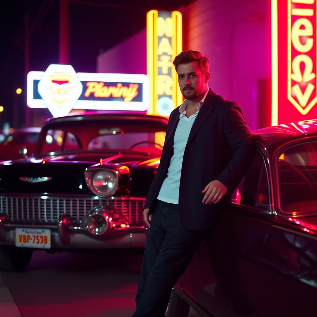 A charismatic actor leaning against a classic car under neon lights